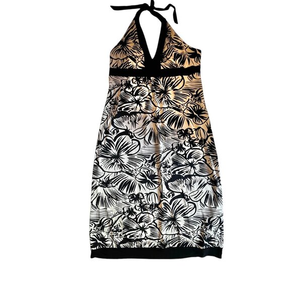 Women’s M Black & Beige Floral Halter Maxi Dress Tie Neckline Stretch Fabric - Picture 2 of 5